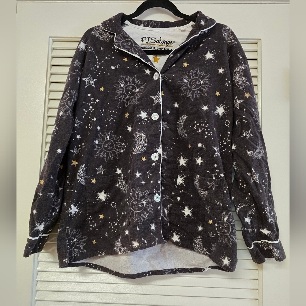 P.J. Salvage - Moon & Stars Cotton Button Long-Sleeve Pajama Top With Pockets